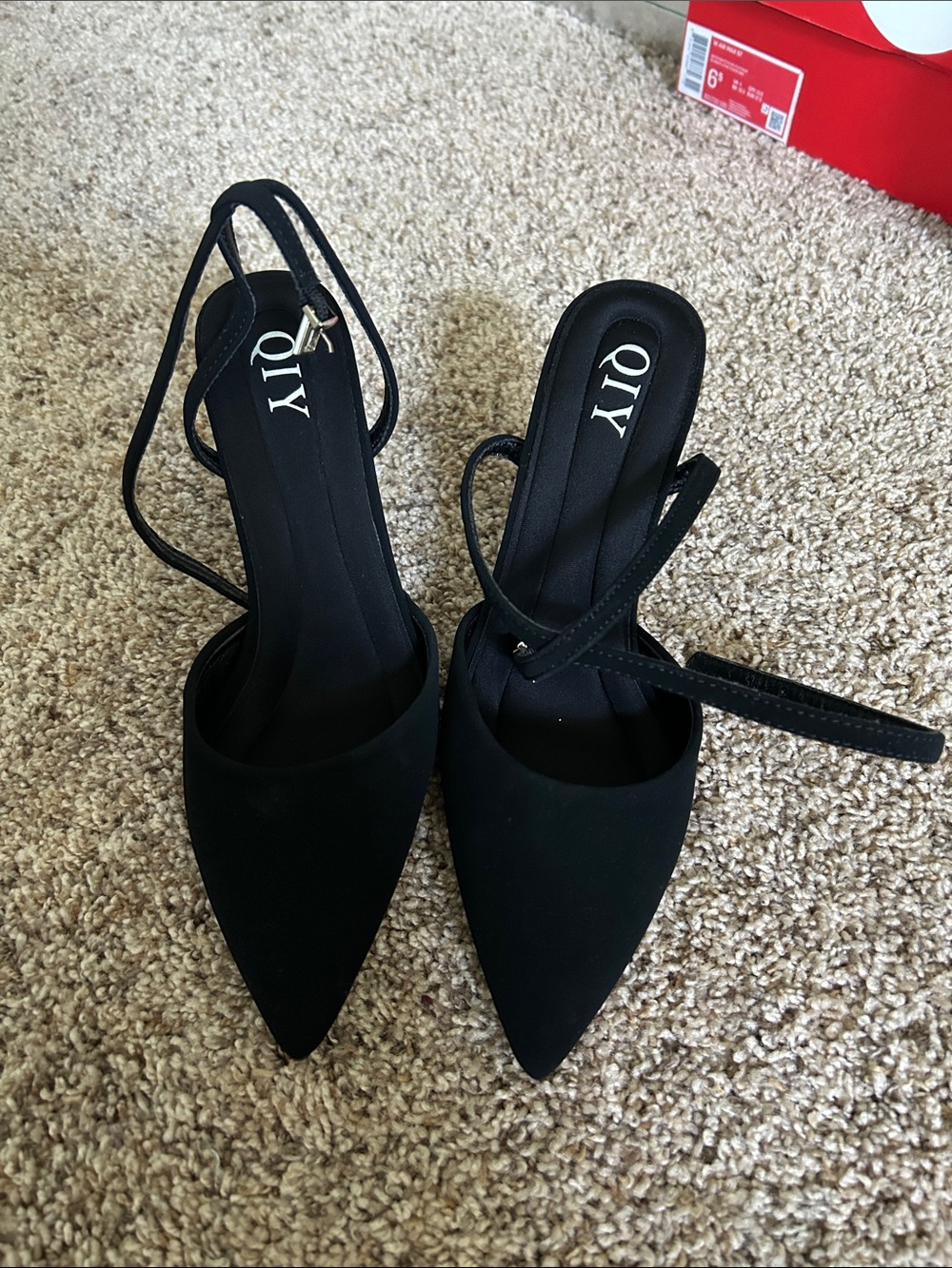 Qi Black Pointed Toe Slingback Pumps with Ankle Straps